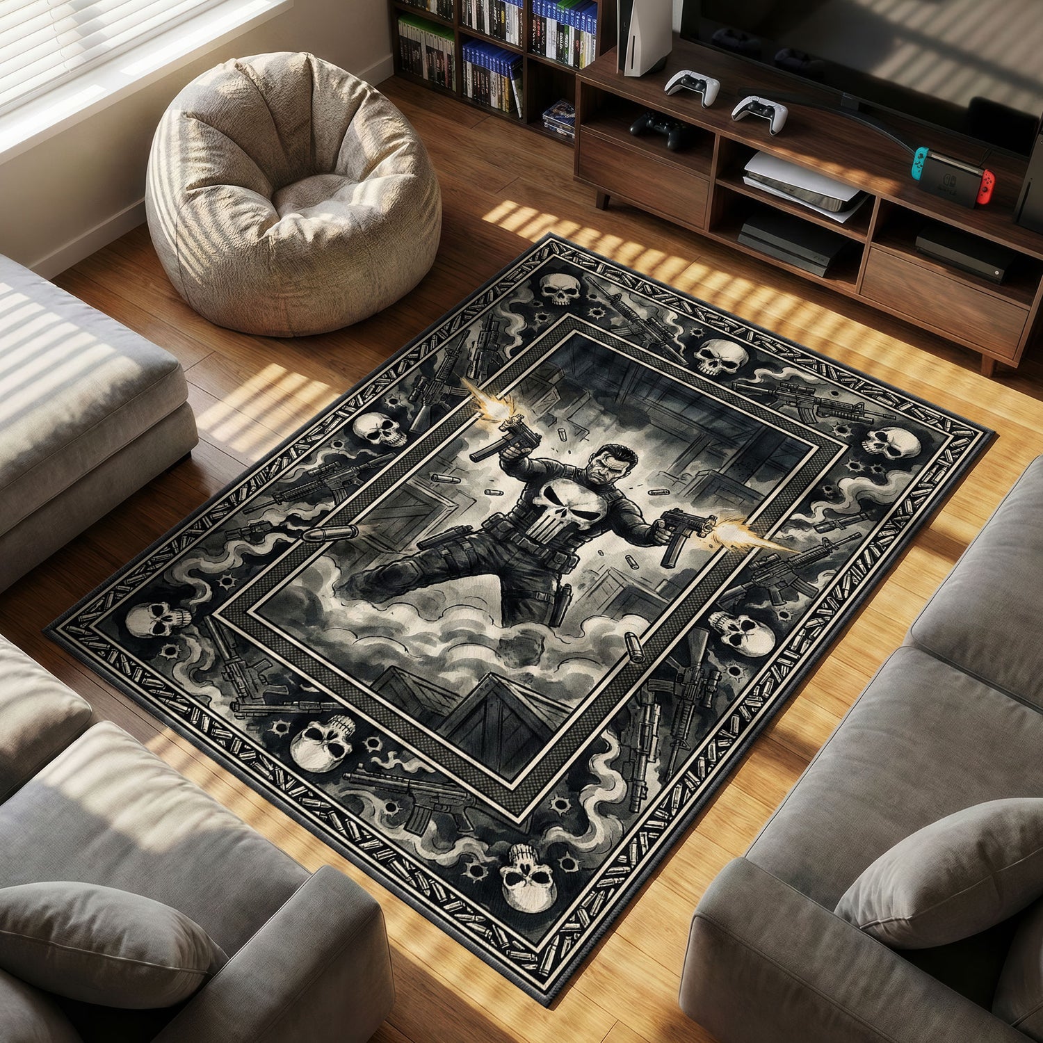 Punisher Tactical themed area rug for home decor fans