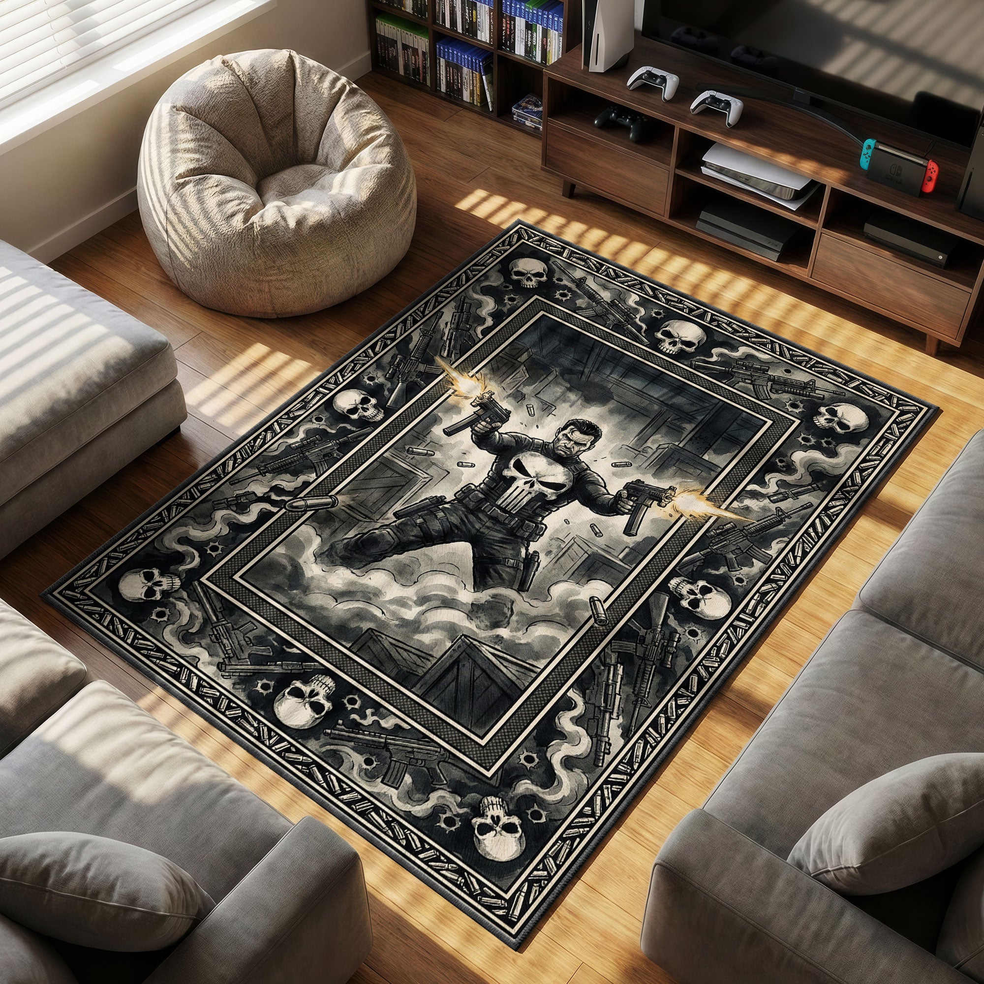 Punisher Tactical themed area rug for home decor fans