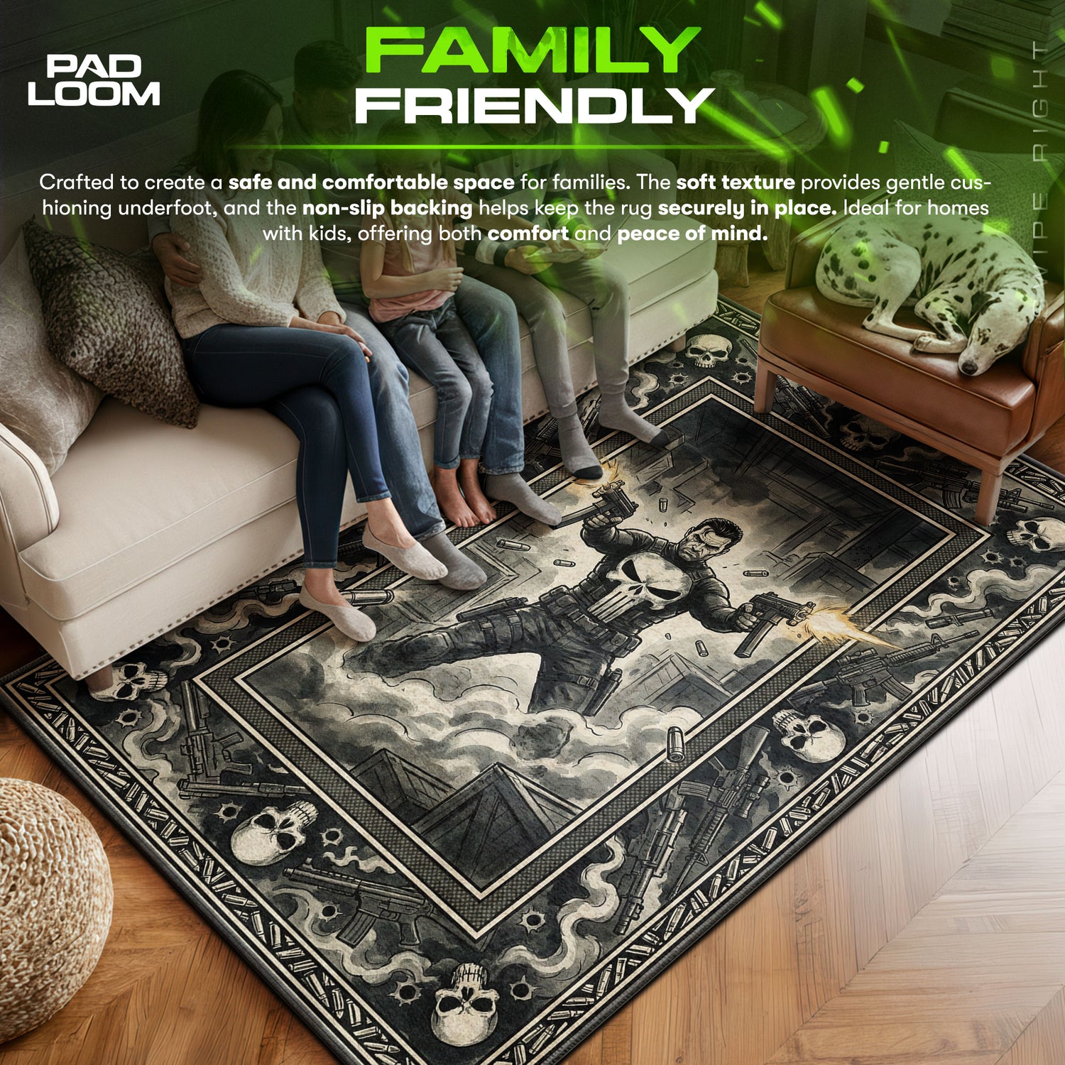 Punisher area rug showing full home decor artwork
