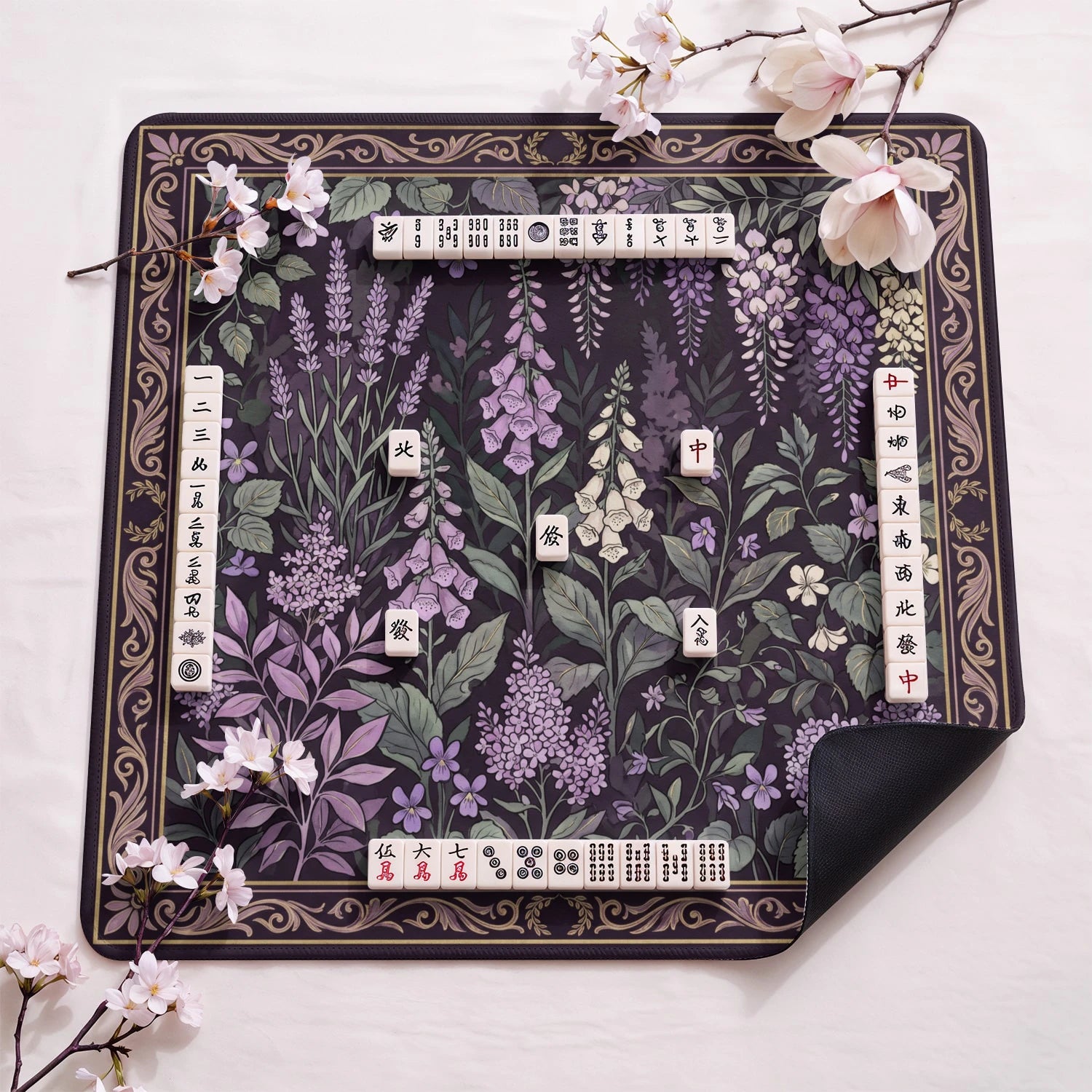 Purple Cottage Garden Mahjong Mat - Mah Jongg Mat