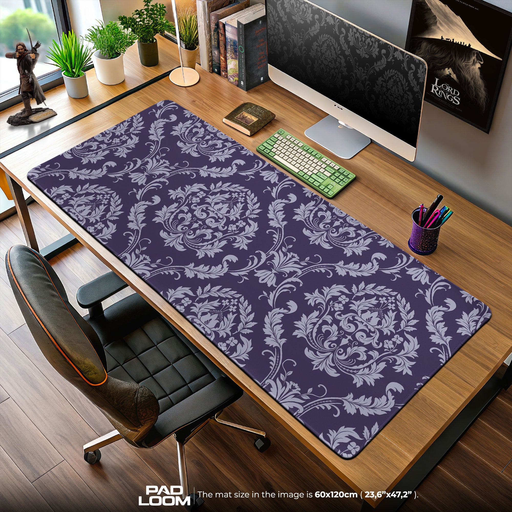 Purple Damask Mouse Pad, Baroque Floral Gaming Desk Mat
