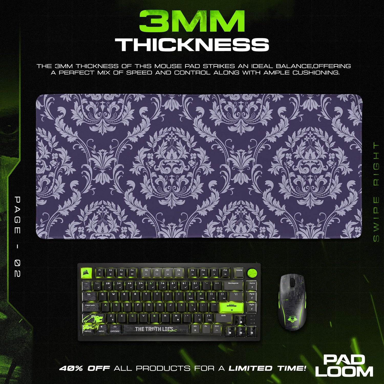 Purple Damask Mouse Pad, Baroque Floral Gaming Desk Mat Padloom