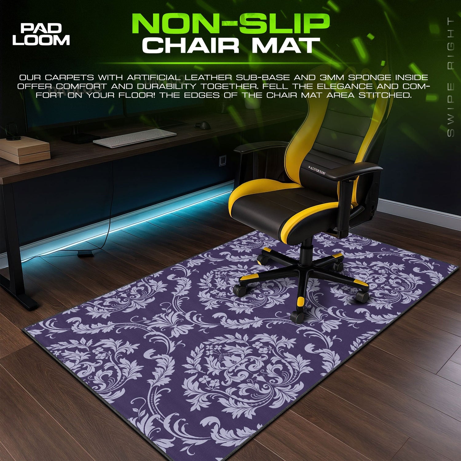 Purple Damask Mouse Pad, Baroque Floral Gaming Desk Mat Padloom