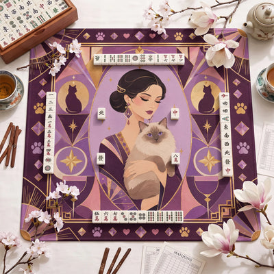 Purple Deco Cat Mahjong Mat - Mah Jongg Mat