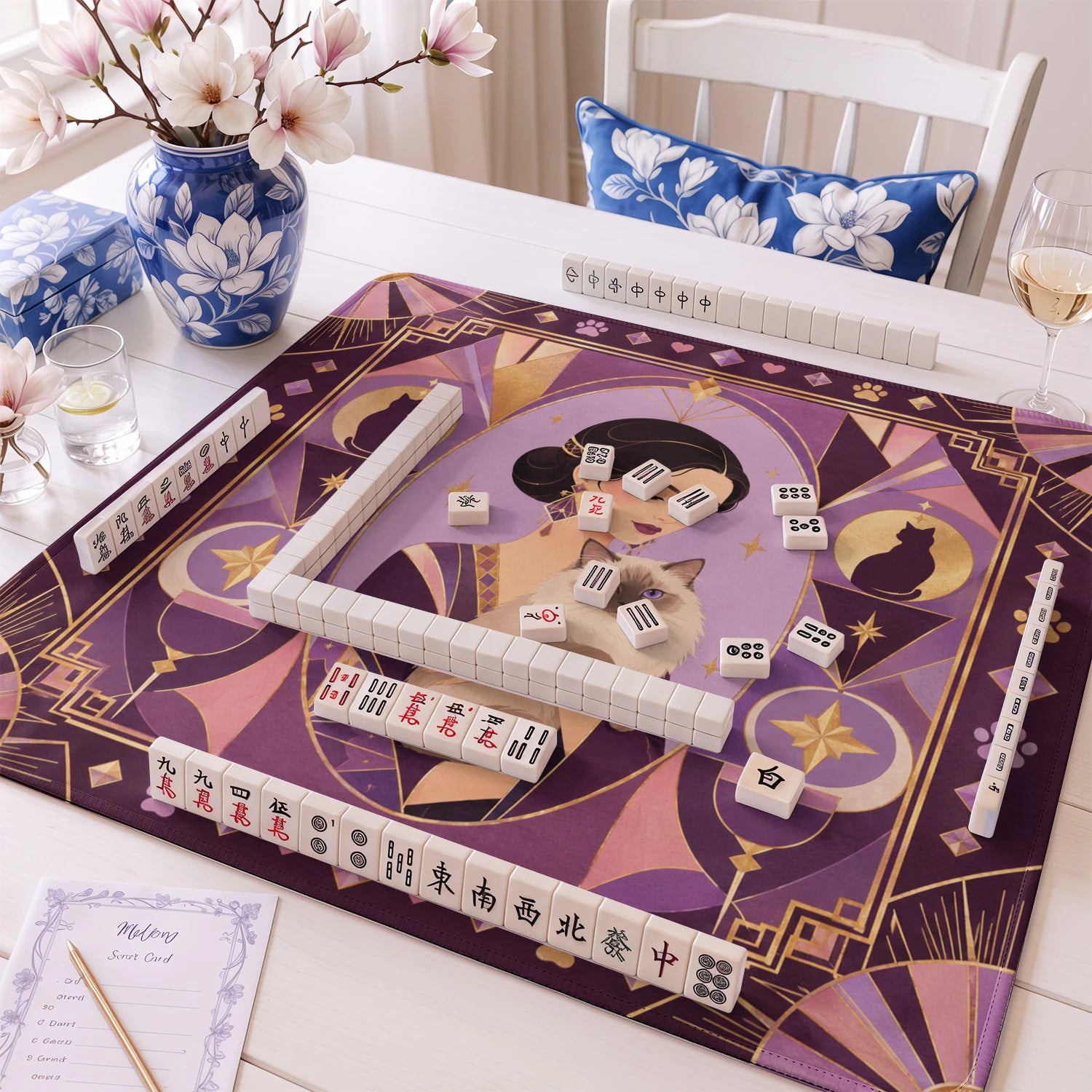 Purple Deco Cat mahjong mat – M (60x60 cm) and L (81x81 cm) sizes