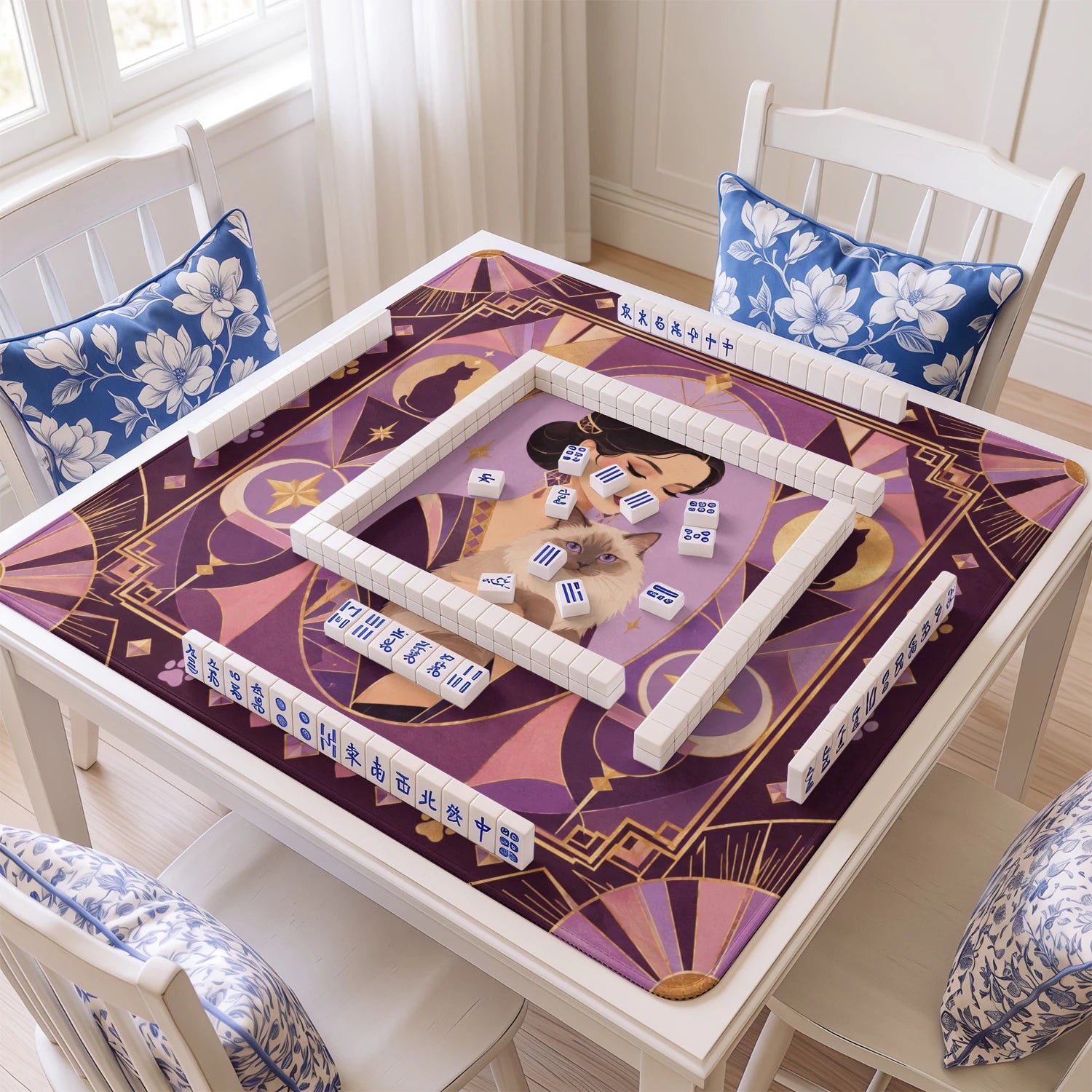 Purple Deco Cat mahjong mat with tiles and racks on the table