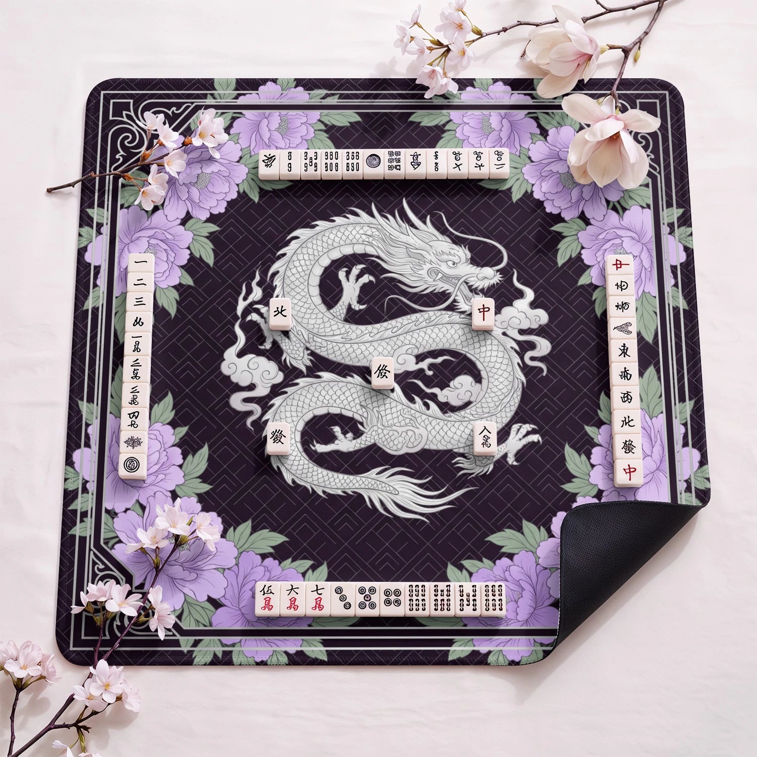 Purple Dragon Peony design close-up on mahjong mat surface