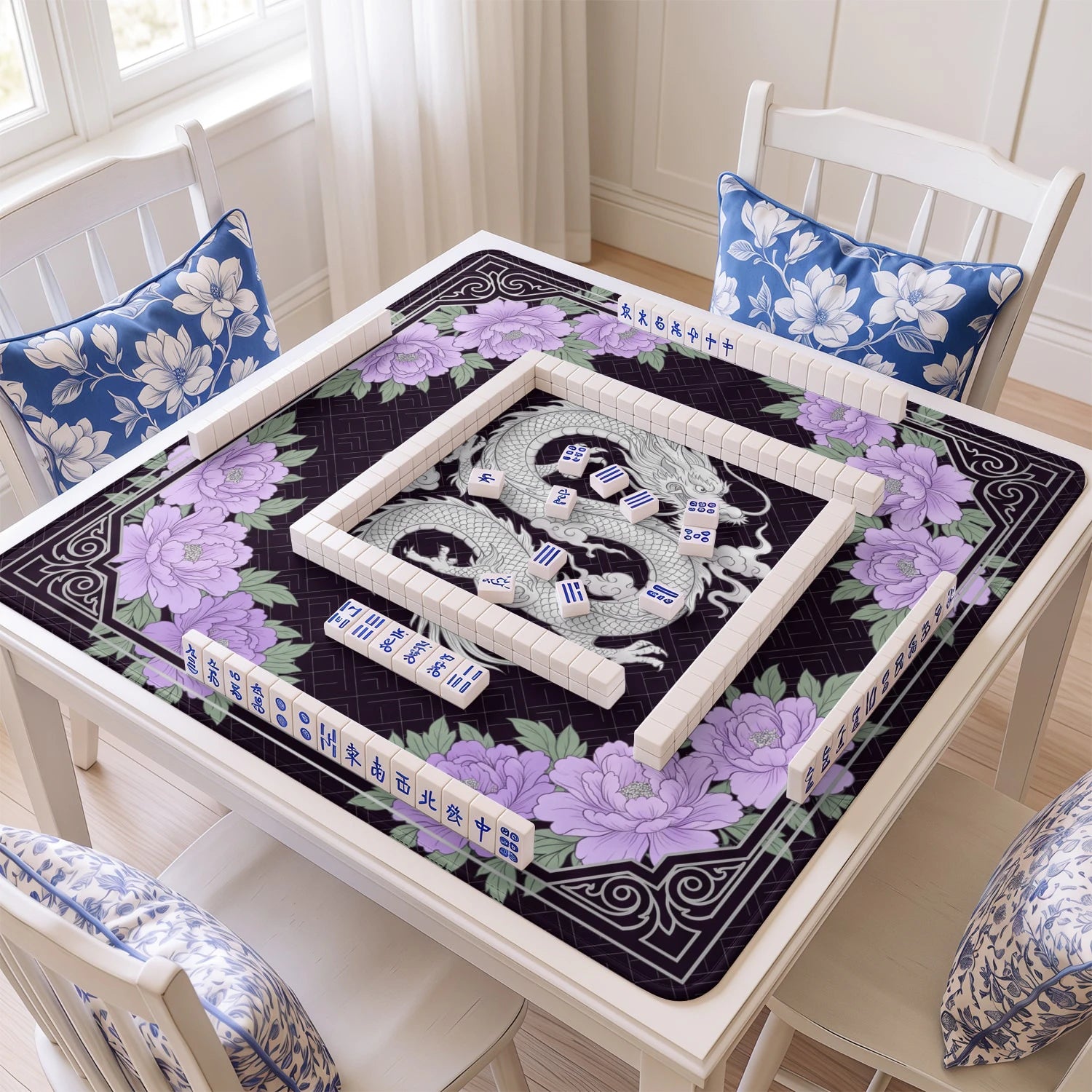 Purple Dragon Peony mahjong mat with tiles and racks on the table