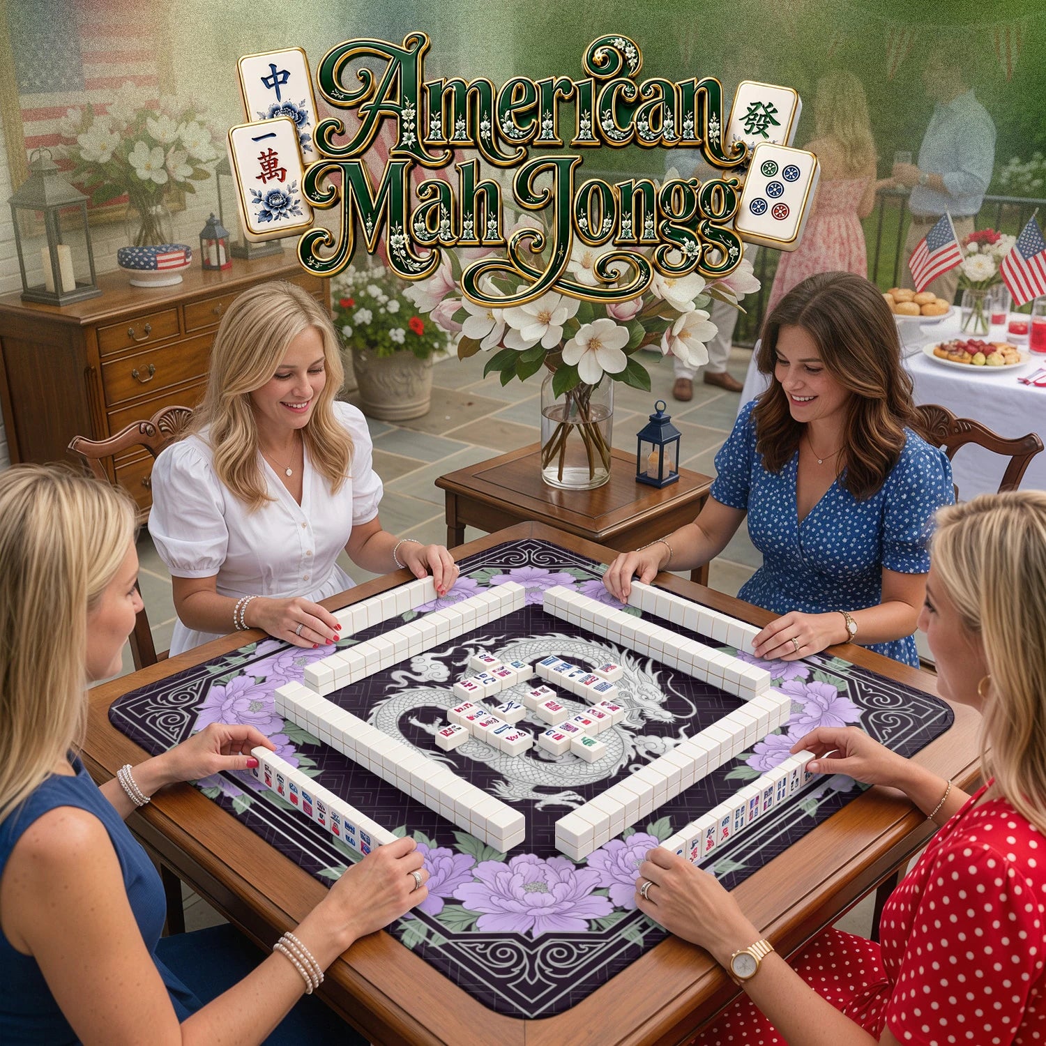 Purple Dragon Peony – non-slip mahjong table mat detail