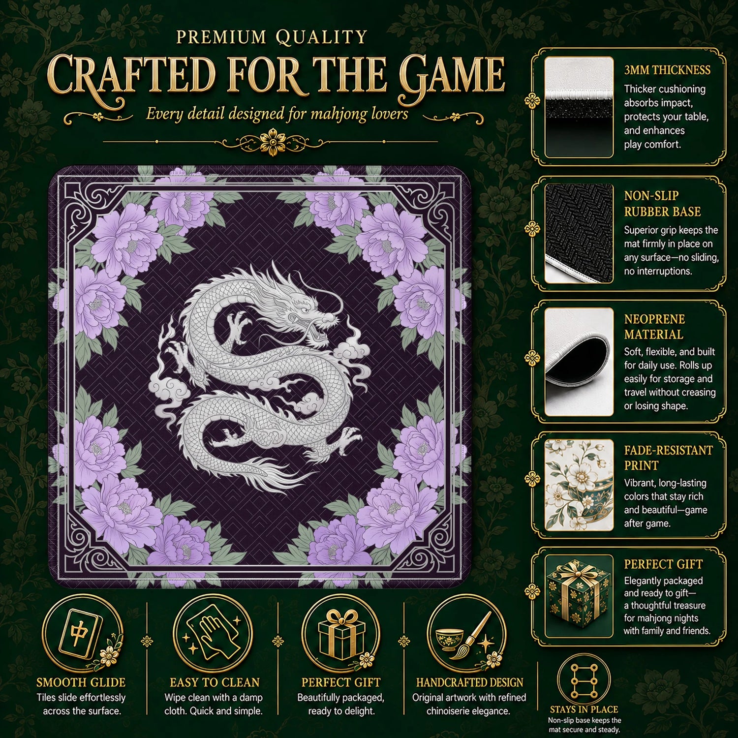 Purple Dragon Peony Mahjong Mat – neoprene mah jongg table mat