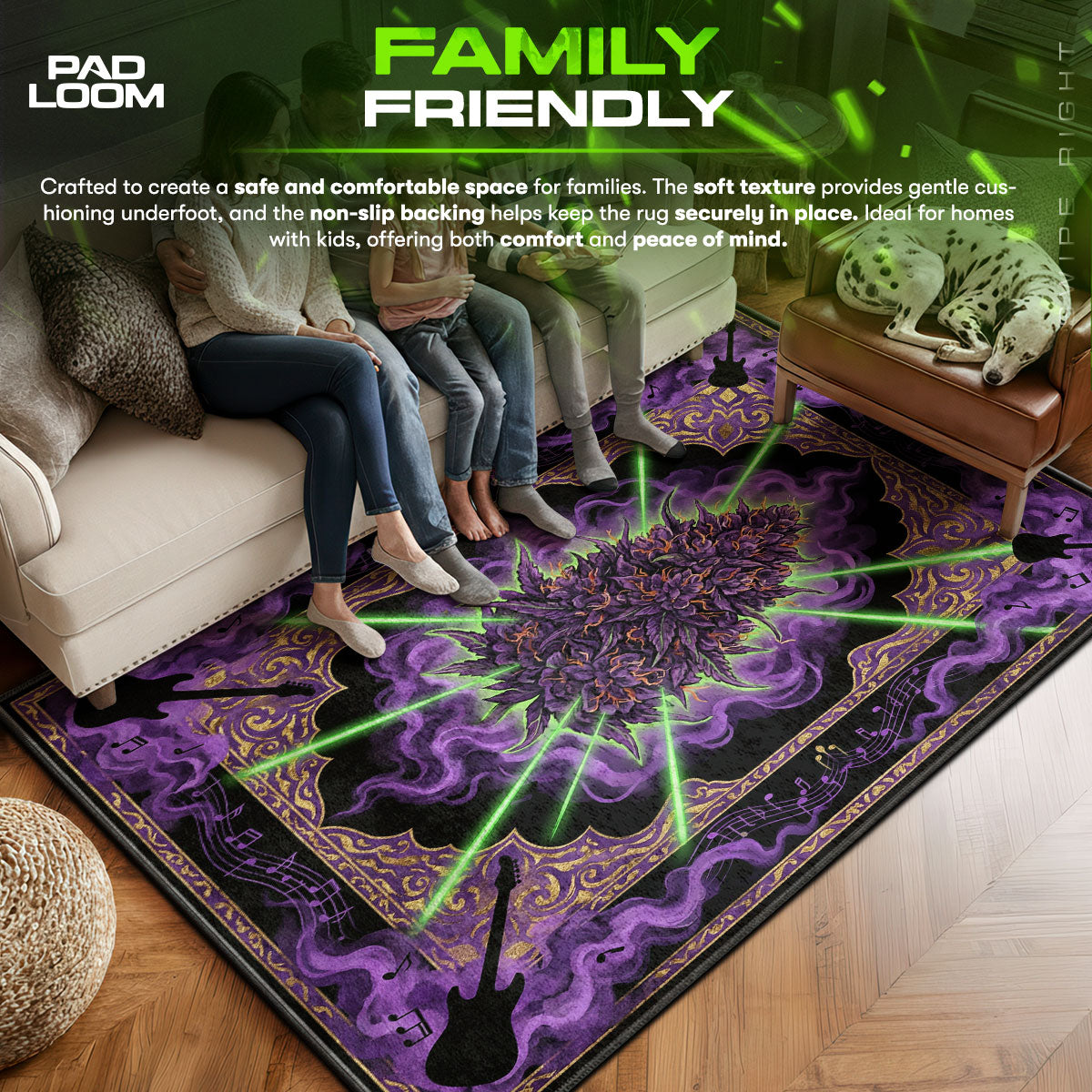 Purple area rug showing full home decor artwork