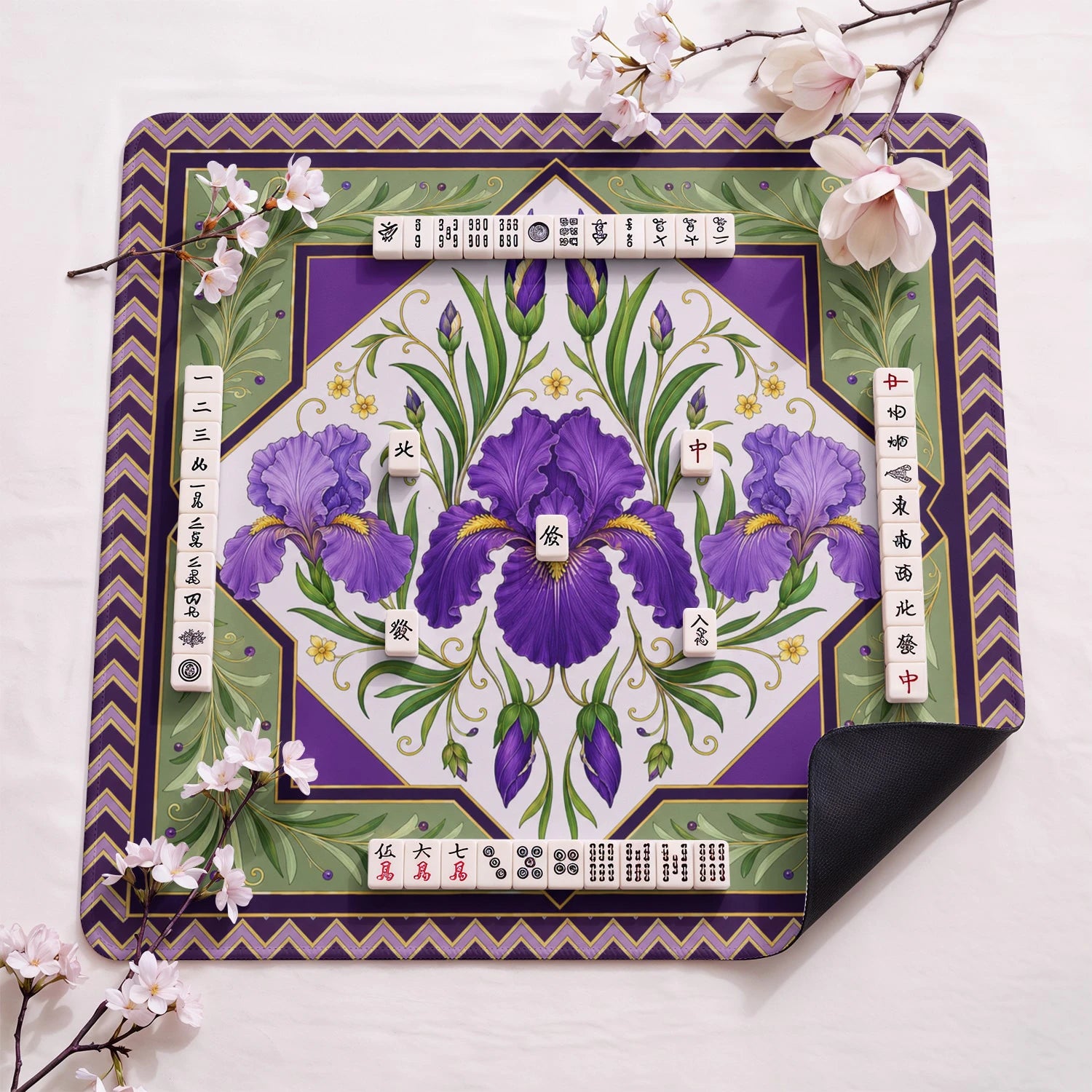 Purple Iris design close-up on mahjong mat surface
