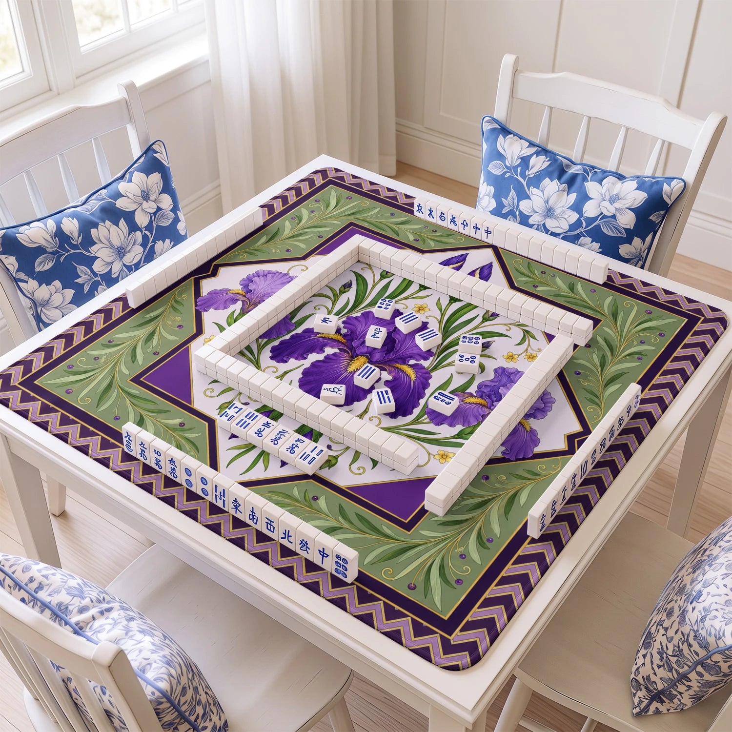 Purple Iris mahjong mat with tiles and racks on the table