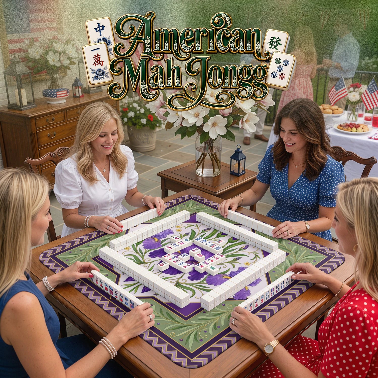 Purple Iris – non-slip mahjong table mat detail