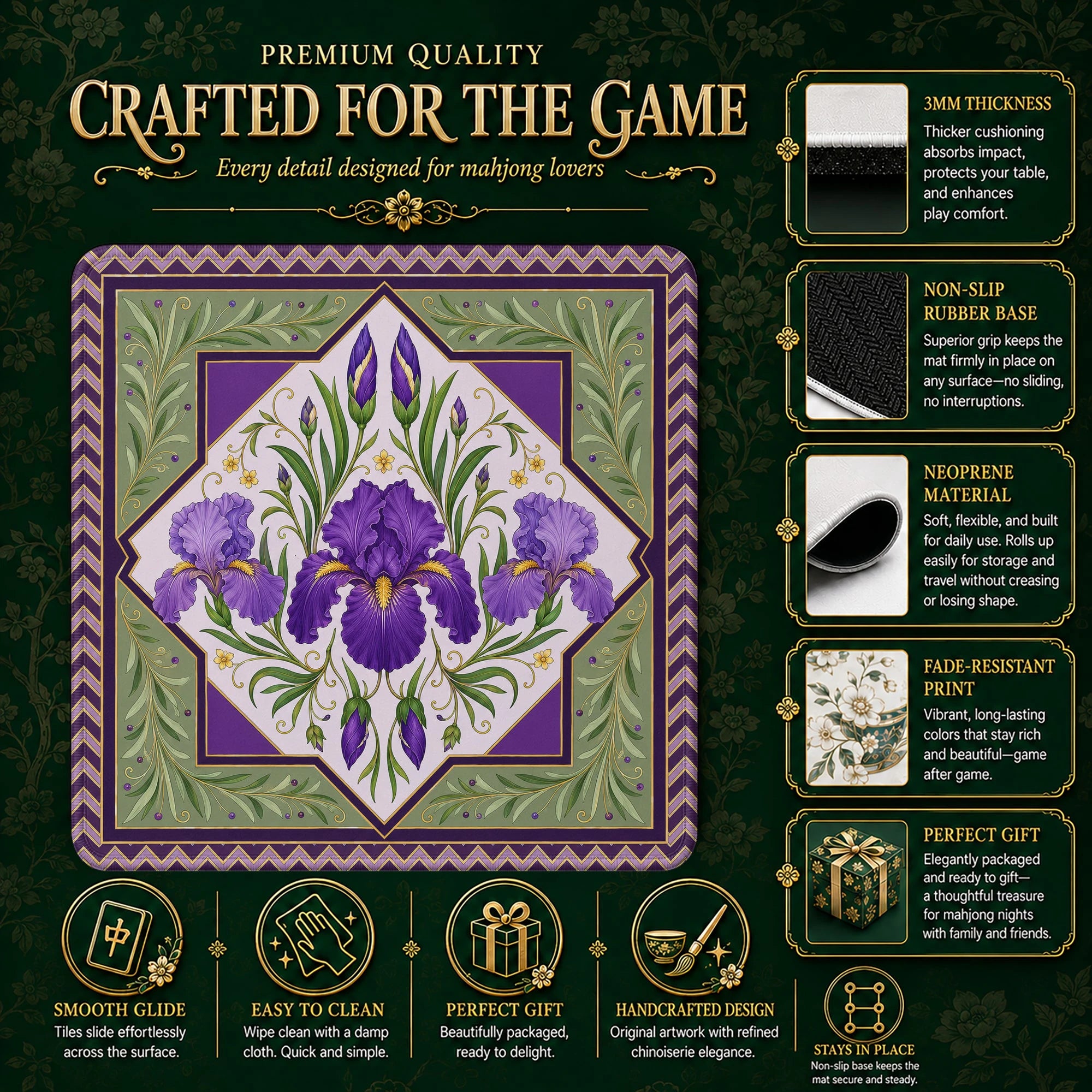 Purple Iris Mahjong Mat – neoprene mah jongg table mat