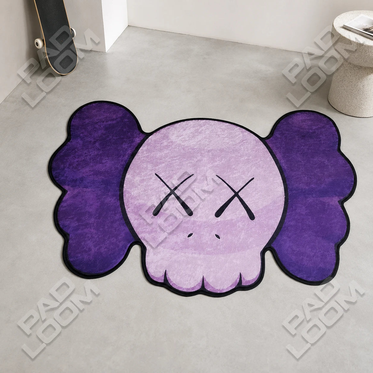 Purple KAWS Skull shaped rug shown in a room setting