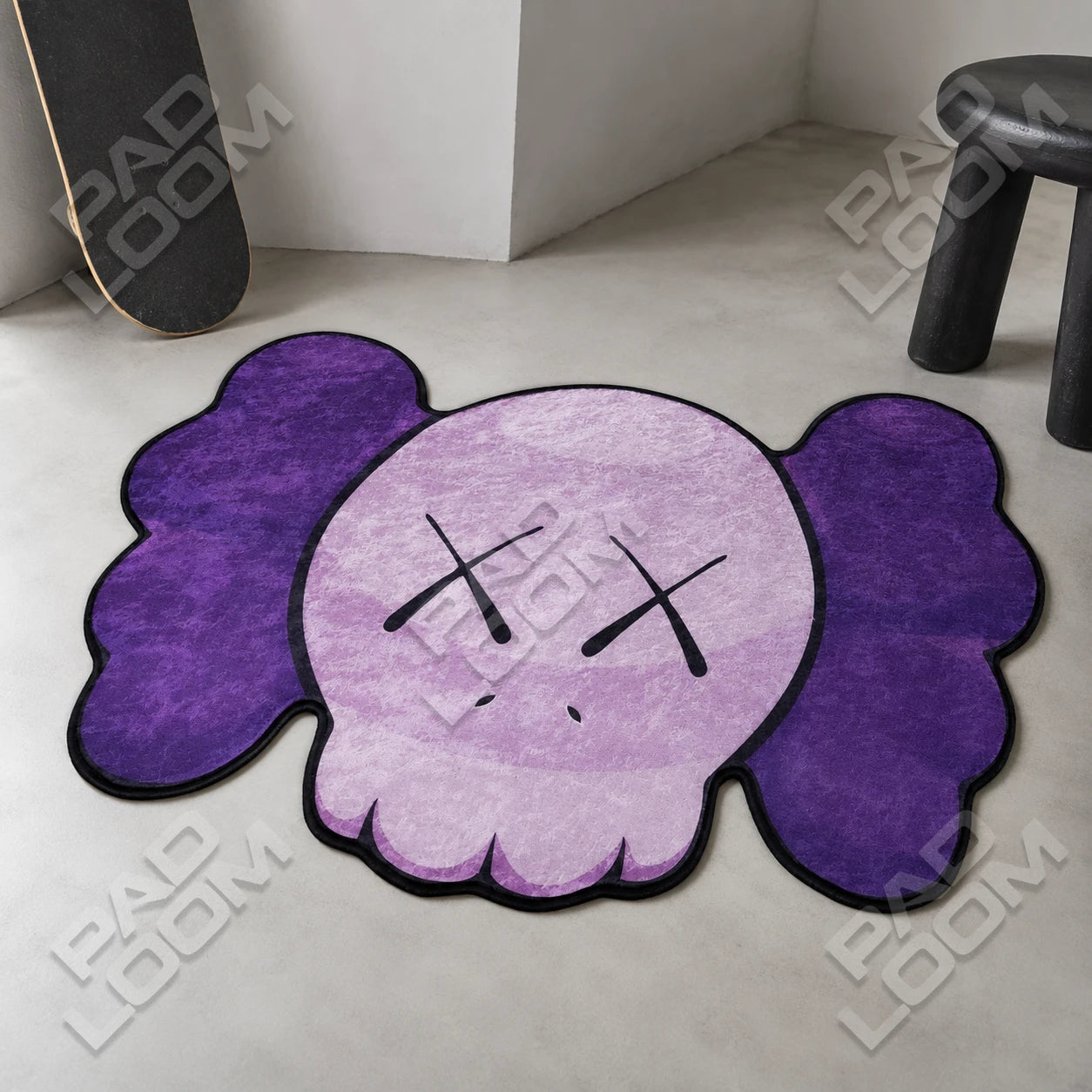 Purple KAWS Skull shaped rug close-up, soft washable pile