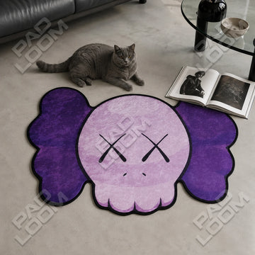 Purple KAWS Skull shaped area rug, die-cut man cave rug