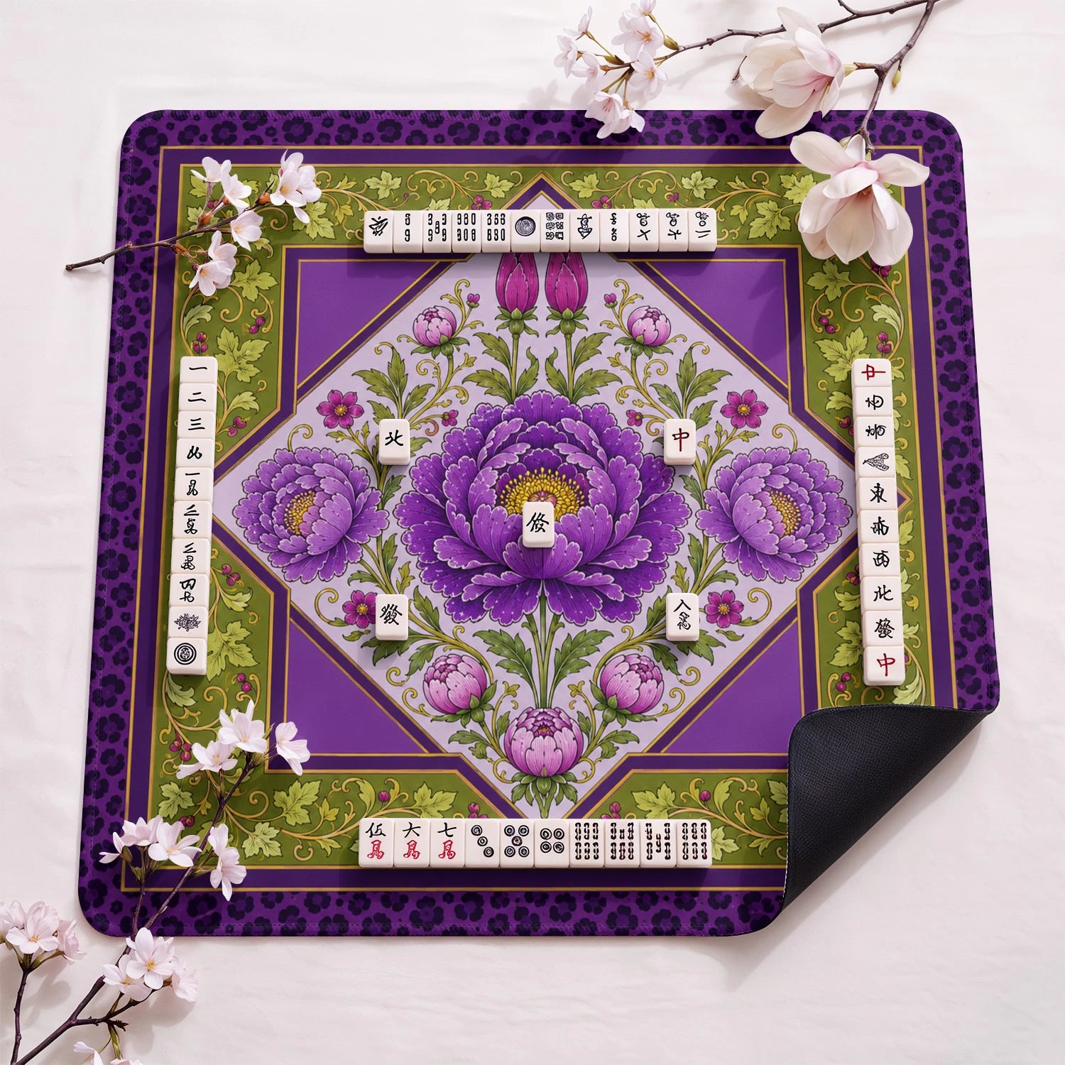 Purple Peony Mahjong Mat - Mah Jongg Table Mat