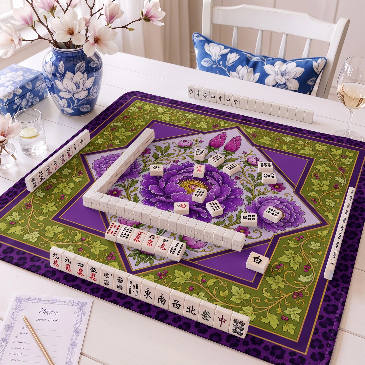 Purple Peony Mahjong Mat - Mah Jongg Table Mat