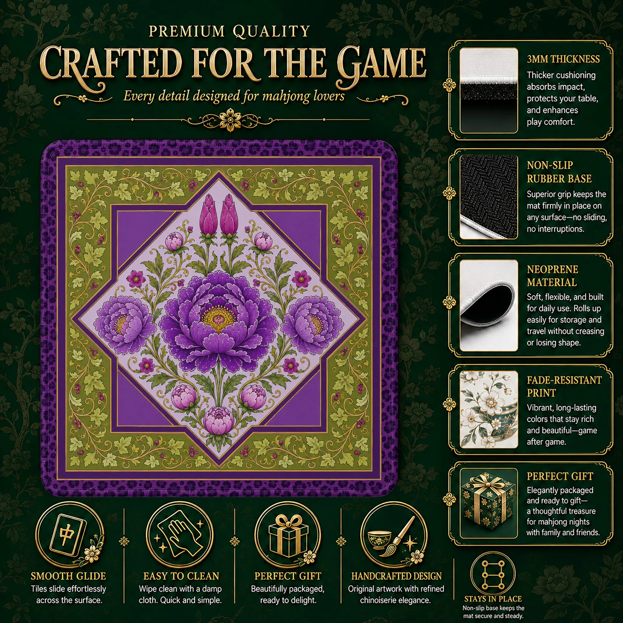 Purple Peony Mahjong Mat - Mah Jongg Table Mat