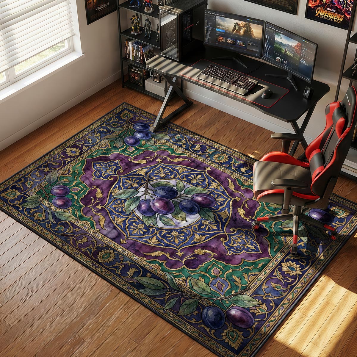 Purple plum kitchen rug on dark hardwood floor in a moody kitchen with warm pendant lighting