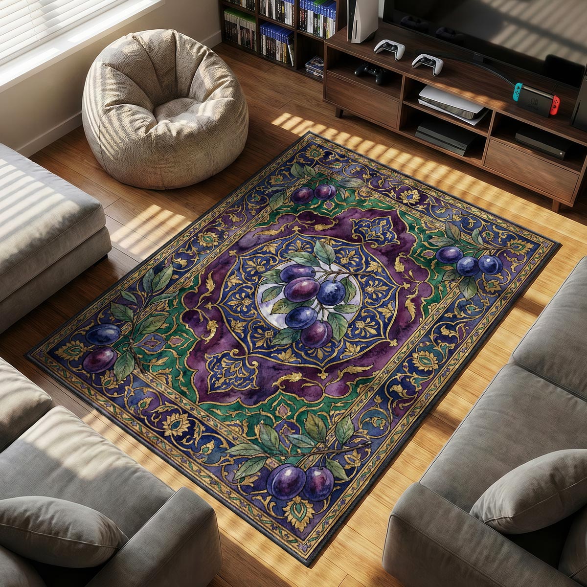 Close-up of plum mat showing glossy purple skin detail and gold scrollwork on velvet surface
