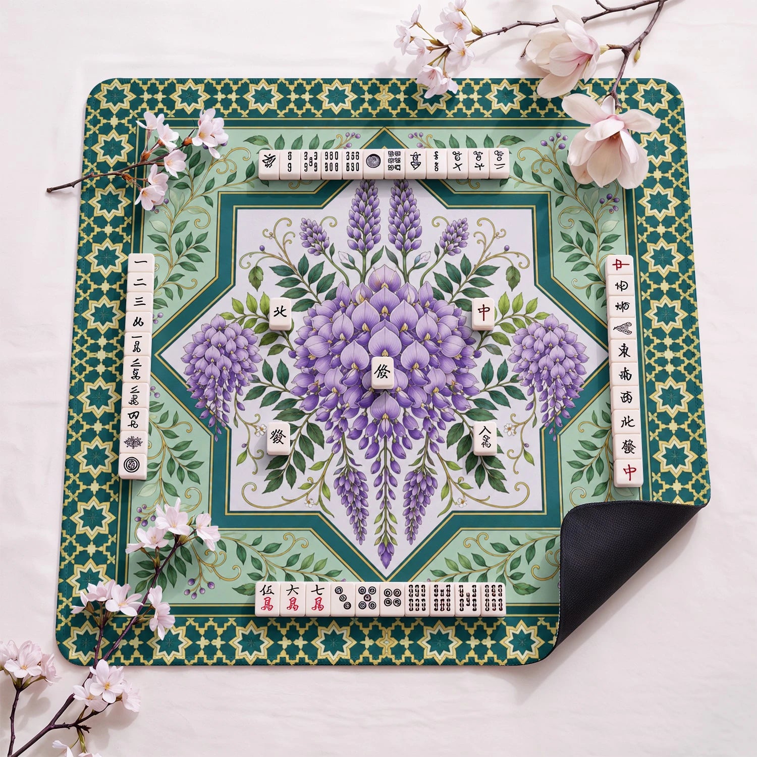 Purple Wisteria design close-up on mahjong mat surface