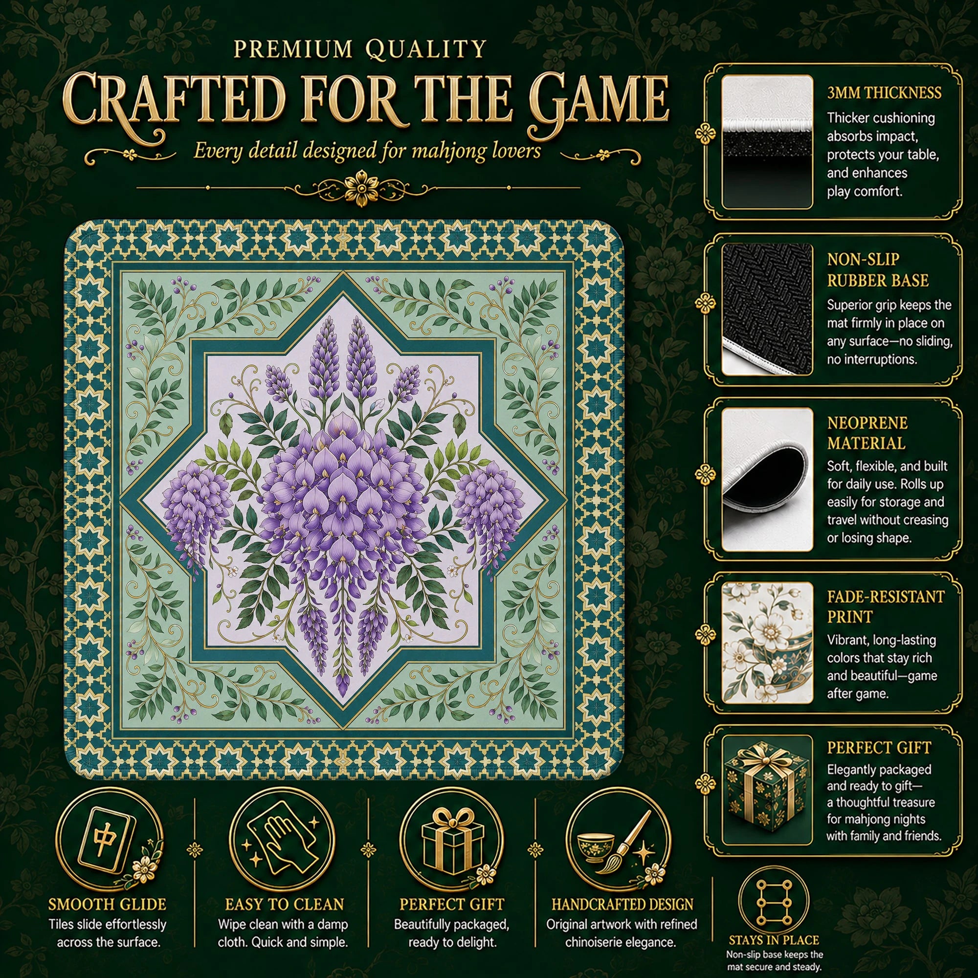 Purple Wisteria Mahjong Mat – neoprene mah jongg table mat