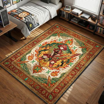 Pyra wielding sword surrounded by fire in tarot card style gaming area rug and floor mat