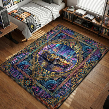 Yellow Quadra Turbo-R V-Tech muscle car drifting on rainy neon street with speedometer dashboard border gaming area rug and floor mat