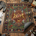 Queen royal crest area rug with lions crown fairies roses and golden Q on jewel-toned tapestry