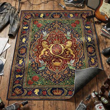 Queen royal crest area rug with lions crown fairies roses and golden Q on jewel-toned tapestry