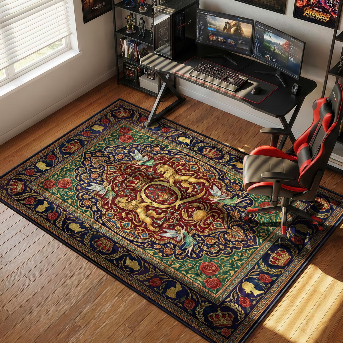 Queen classic rock rug placed in a warm living room with rich wood furniture and soft lamplight