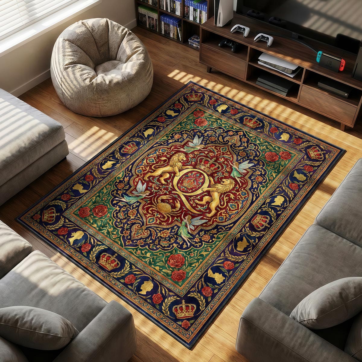 Close-up of Queen rug showing lion and crown heraldic detail with gold accents on velvet fiber