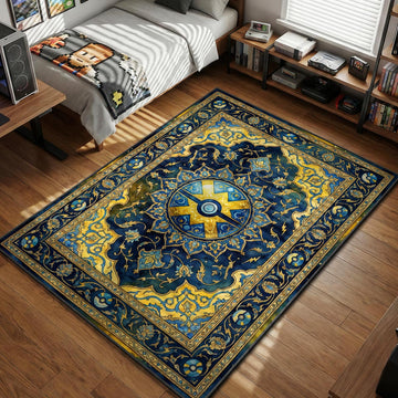 Ornate blue and yellow carpet design featuring a central Quick Ball and lightning bolt motifs area rug and floor mat