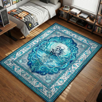 Quirrel resting by the water with jellyfish and bubble borders watercolor style gaming area rug and floor mat