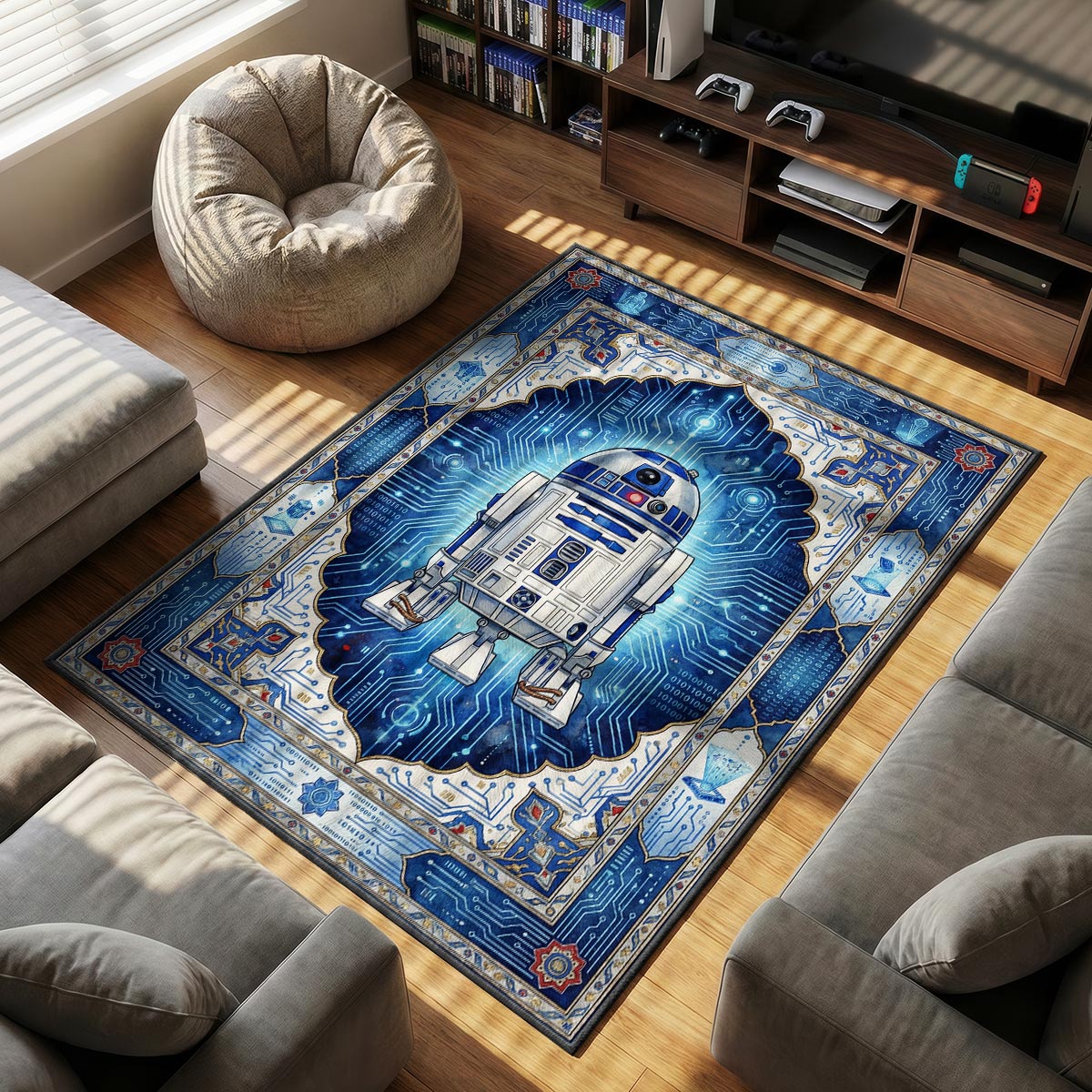 R2 D2 themed area rug for home decor fans