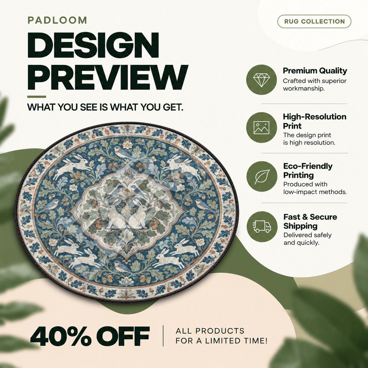 Rabbit Medallion Round Rug - Botanical Circle Area Rug