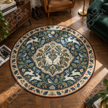 Rabbit Medallion Round Rug - Botanical Circle Area Rug