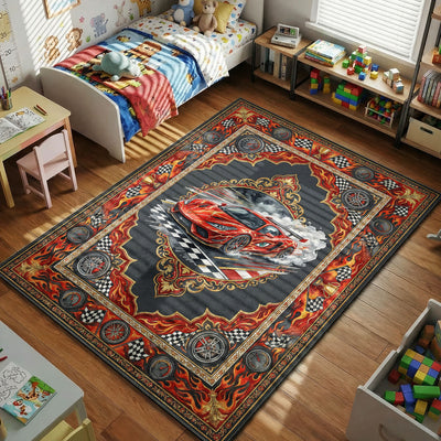 Race Car Checkered Flag Rug - Kids Floor Mat