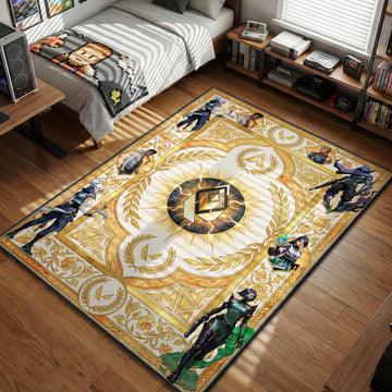 Valorant agents Jett Phoenix Sage Omen and Viper surrounding central golden Radiant logo with laurel wreaths gaming area rug and floor mat