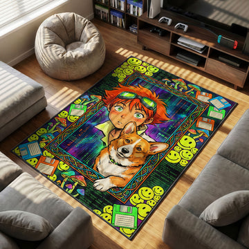 Art Nouveau style rug featuring Ed and Ein from Cowboy Bebop surrounded by neon green smiley faces, mushrooms, floppy disks, and digital matrix code rain.