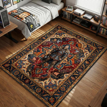 Ragnar Lothbrok standing with crossed axes and ravens in ornate tapestry style area rug and floor mat