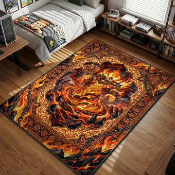 Ragnaros the Firelord wielding Sulfuras hammer amidst flames and chains gaming area rug and floor mat