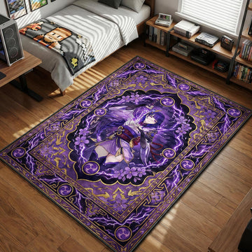 Raiden Shogun drawing sword with purple electro lightning and cherry blossoms card art style gaming area rug and floor mat