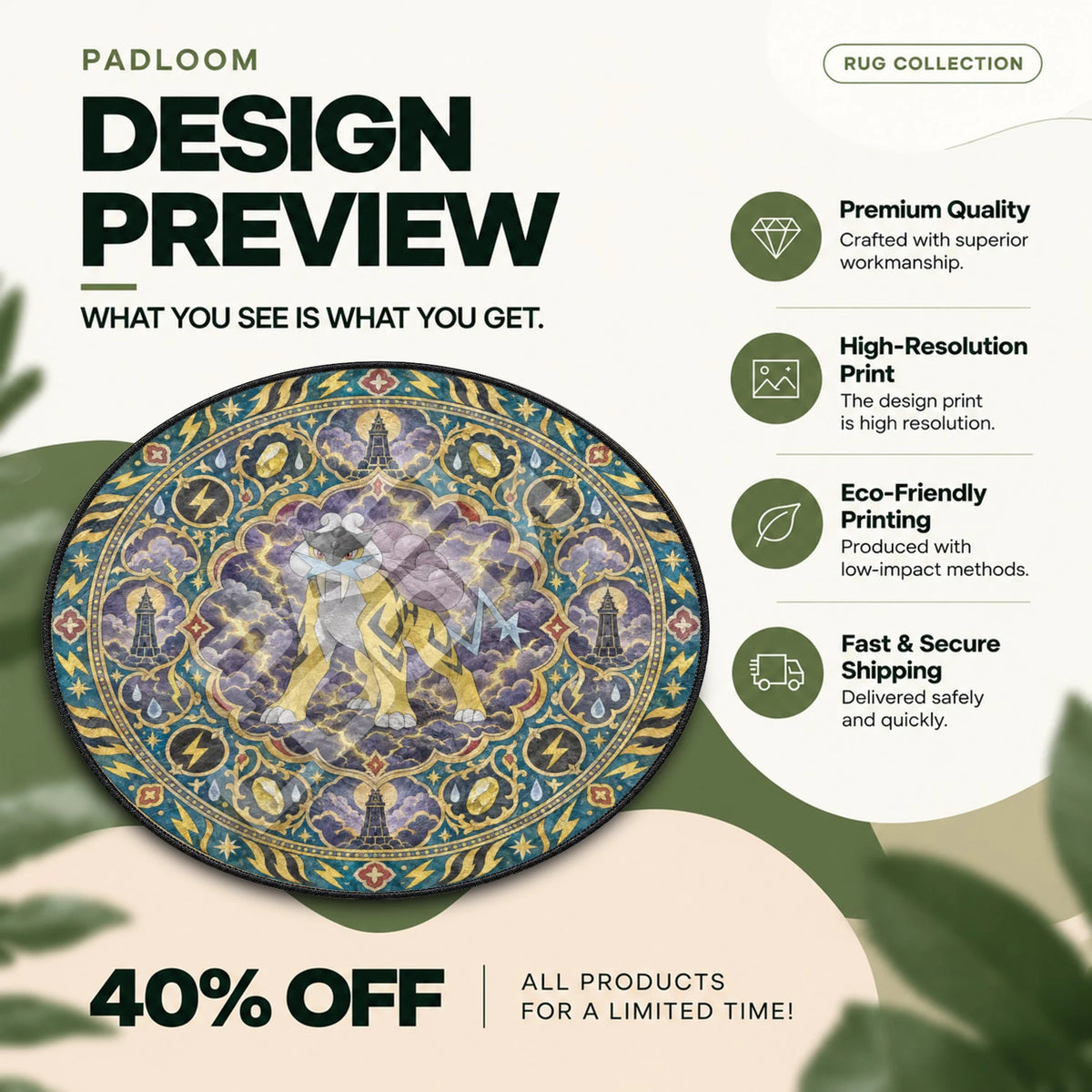 Raikou Storm Pokemon round rug full design preview
