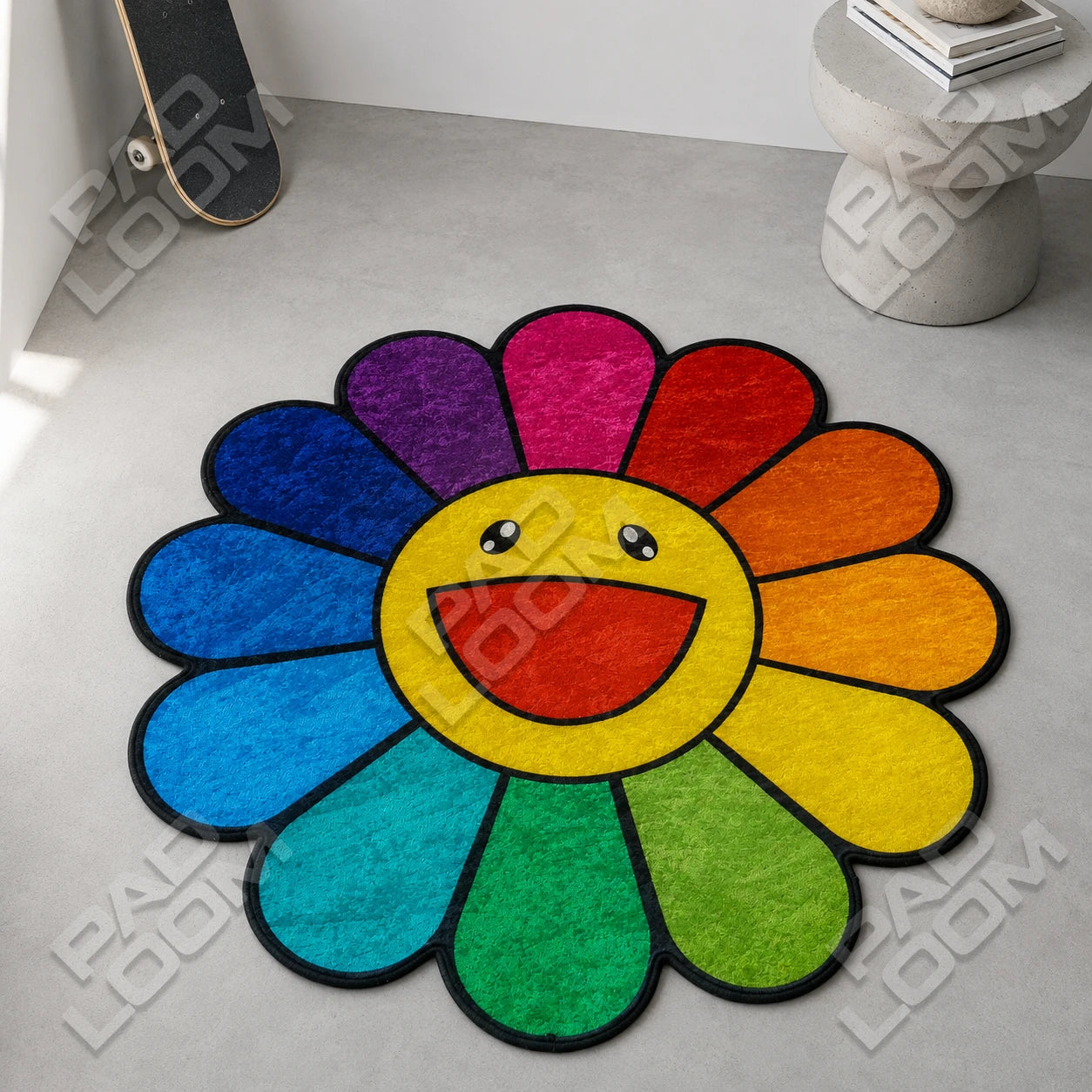 Rainbow Murakami Flower shaped rug close-up, soft washable pile