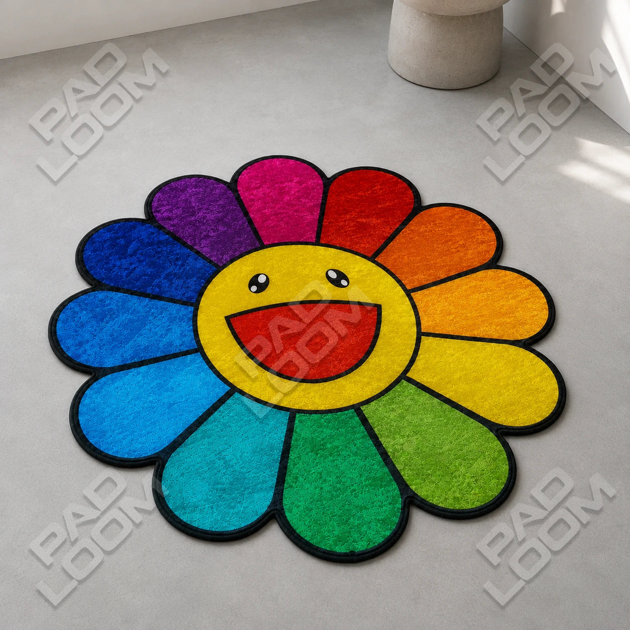 Rainbow Murakami Flower shaped rug shown in a room setting