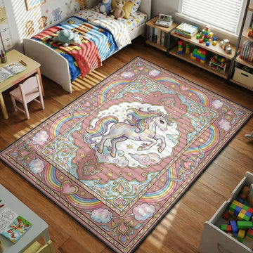 rainbow unicorn pastel clouds stars kids bedroom area rug